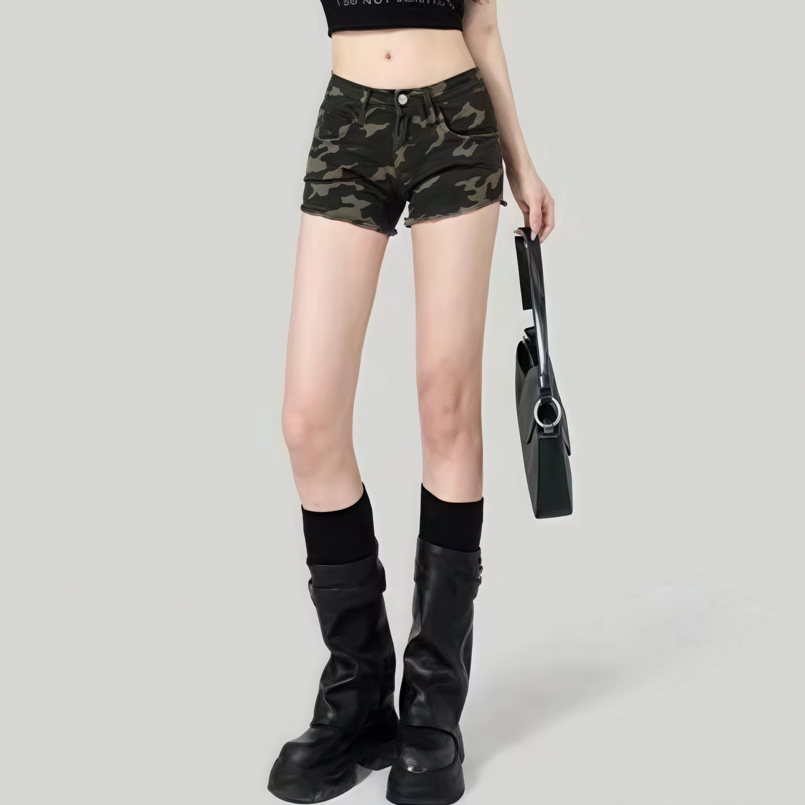 Y2K Damen Low-Waist Camouflage Denim-Shorts mit ausgefranstem Saum, Mini-Hotpants, lässige Streetwear, schmal geschnittene kurze Jeans mit Taschen – Detail 7