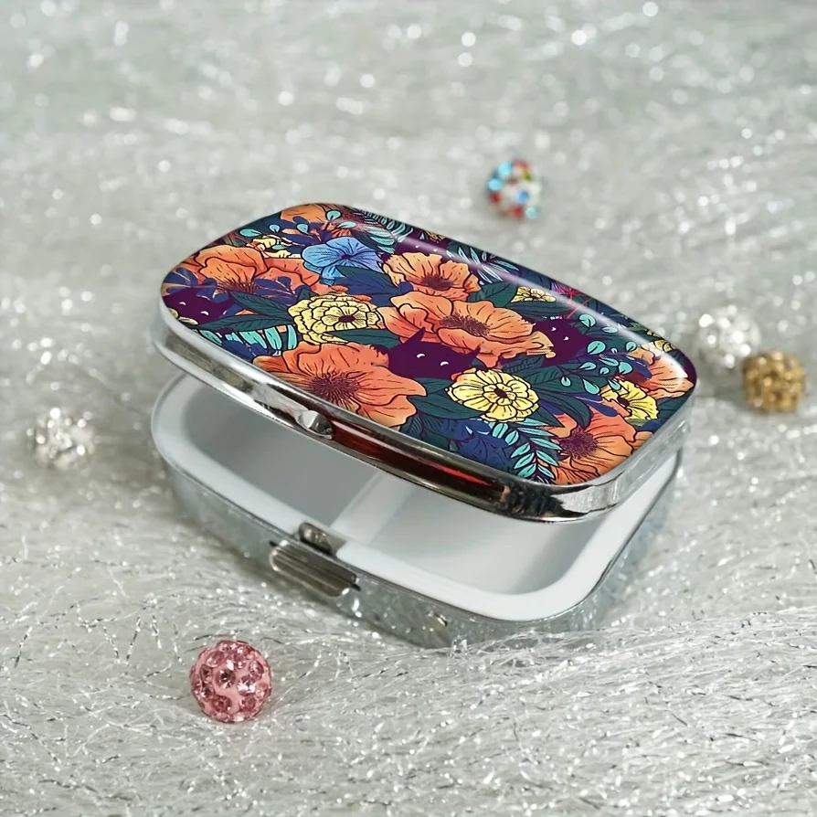 Wild Flowers Design, Decorative Pill Storage Box with 2 Compartments, Portable Pill Box for Pocket , Travel Vitamin Container