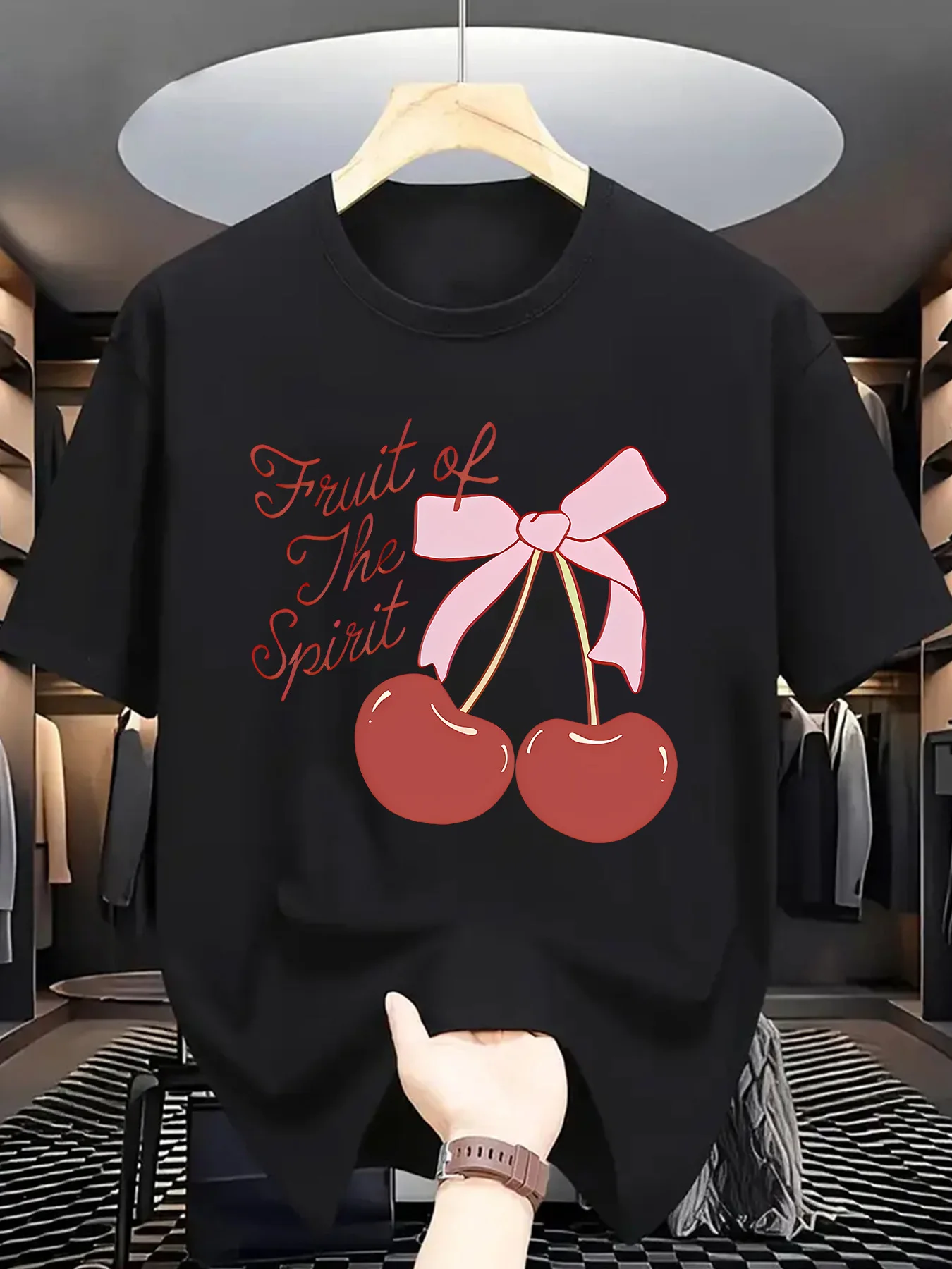 Cherry Bow Print Men Short Sleeve Tshirt Fruit Of The Spirit Cursive Text O Neck Tee Sweet Fruit Style Male Street Fashion Tops