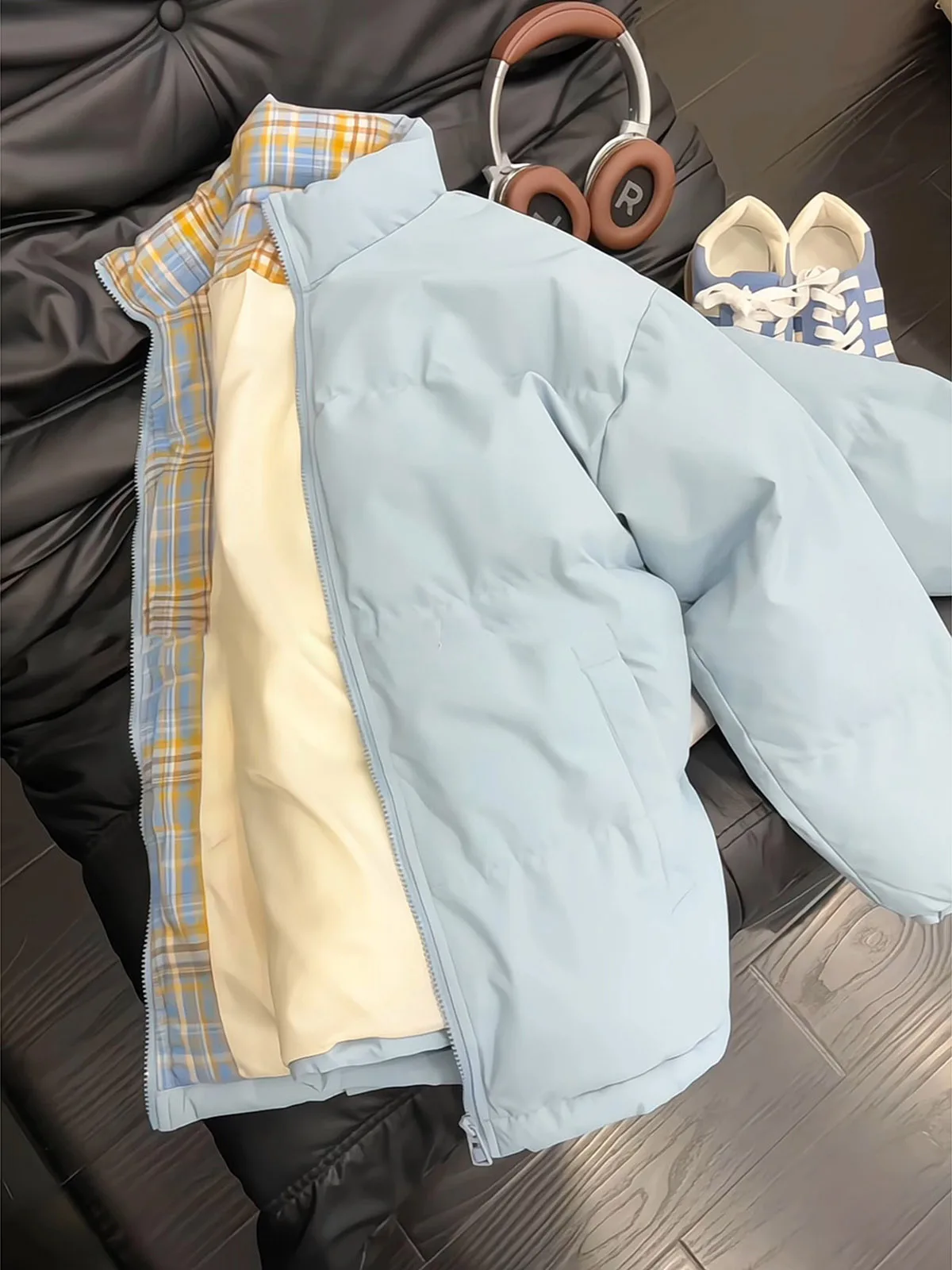 Blue Short Thickened down Cotton Jacket Men Women Winter Plaid Splicing Design Couple Bread Coat Warm Casual Style Zipper Clo...