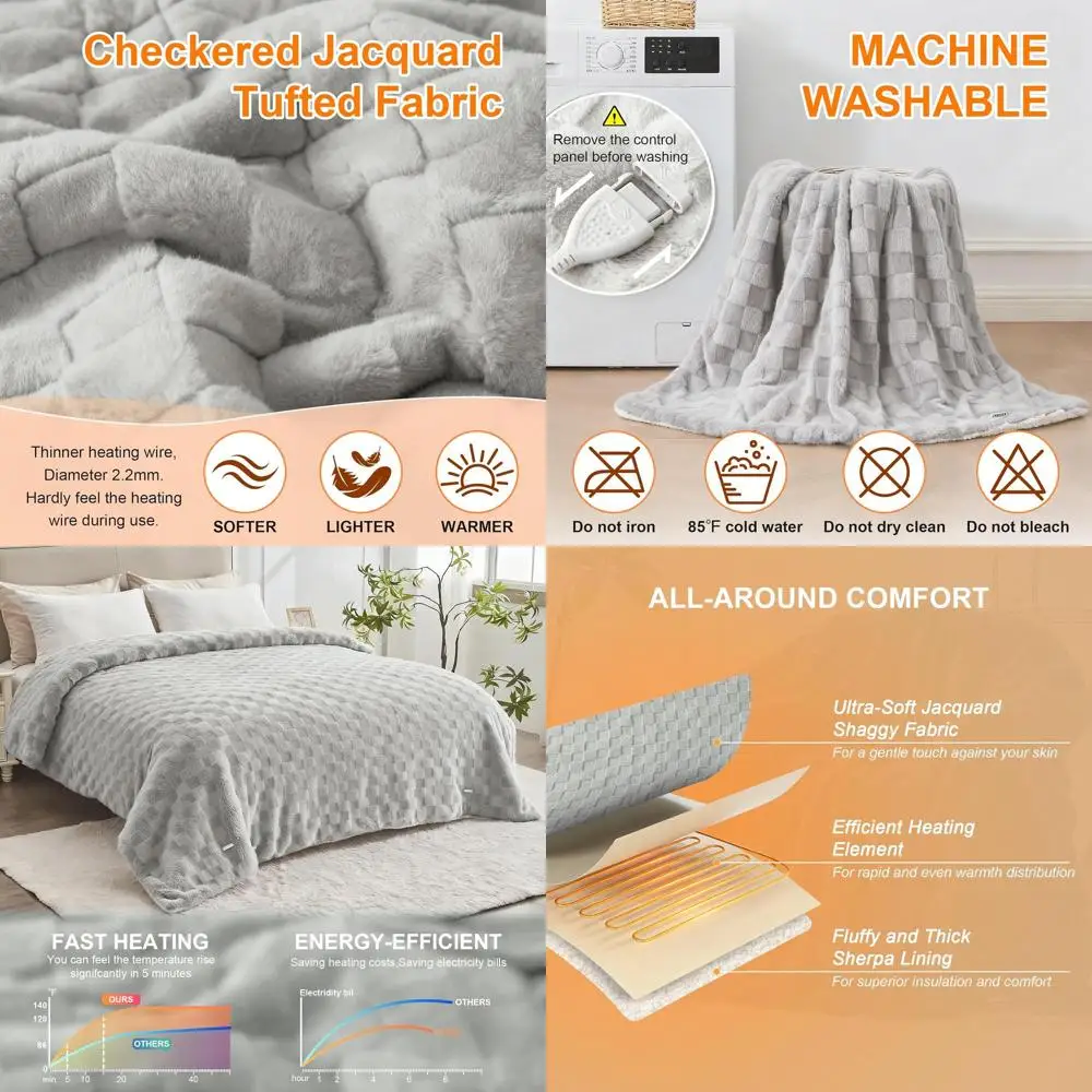 

Queen Size Electric Blanket with Dual Controls, 6 Heat Levels, 10-Hour Auto Shut-Off, Overheat Protection, Light Gray Sherpa Jac