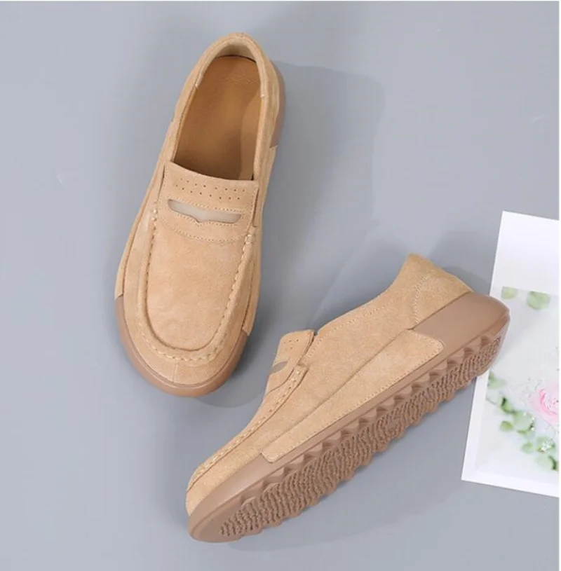 

Женские лоферы из коровьей замши, осенняя женская обувь, кроссовки на платформе и плоской подошве, женские мокасины, женские туфли без шнуровки