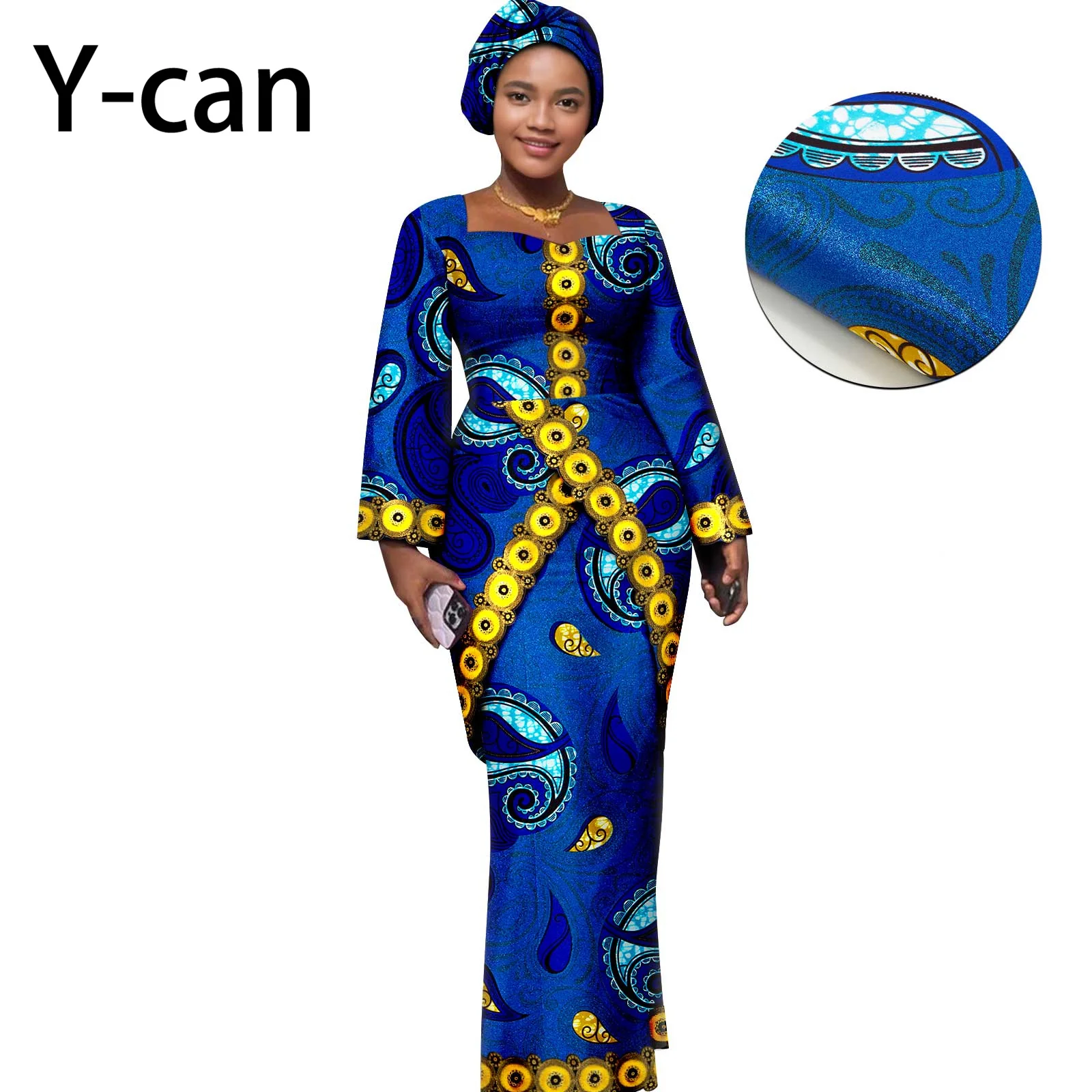 African Women Traditional Outfits Ankara Print Long Sleeves Embroidery Dress and Slim Skirt Boubou Robe Abaya Femme Set 2426022