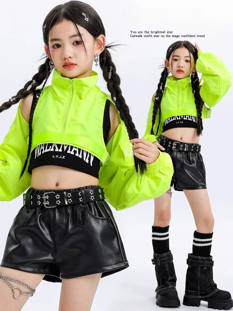 

Girls Jazz Dance Long Sleeve Fluorescent Green Off-Shoulder Top Leather Shorts Suit Jazz Costumes Group Stage Performance Wear