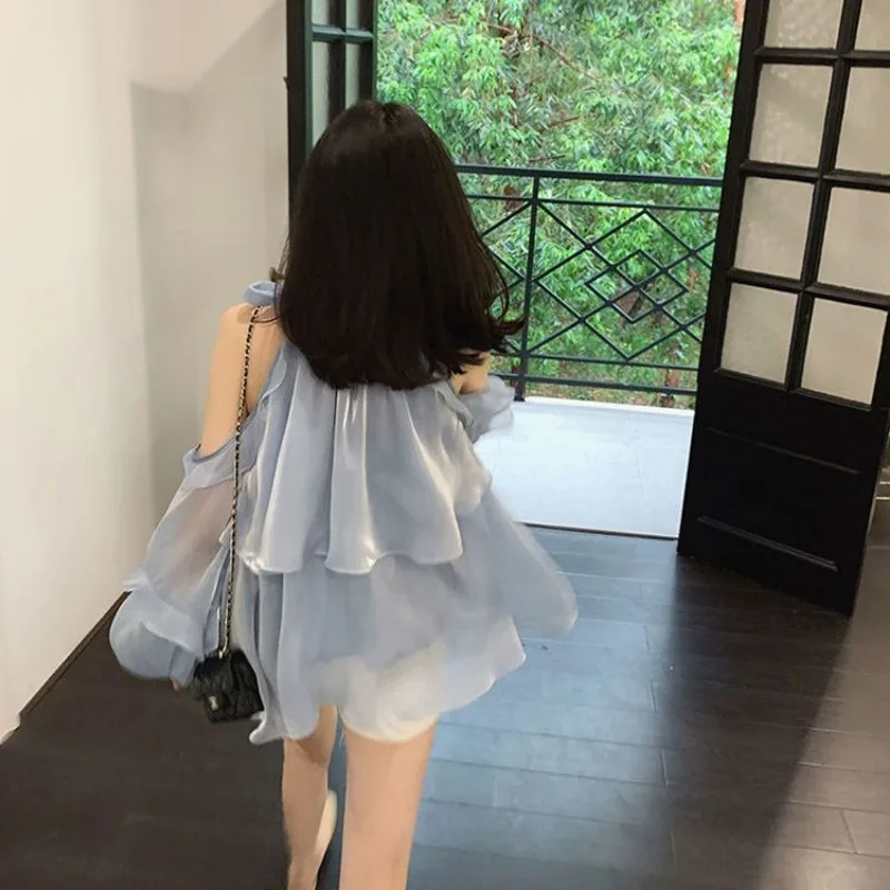 Korean Elegant Ladies Tops Shoulderless Chiffon Solid Ruffle Shirts Long Puff Sleeves 2024 Summer Hollow Loose Bandage Blouses