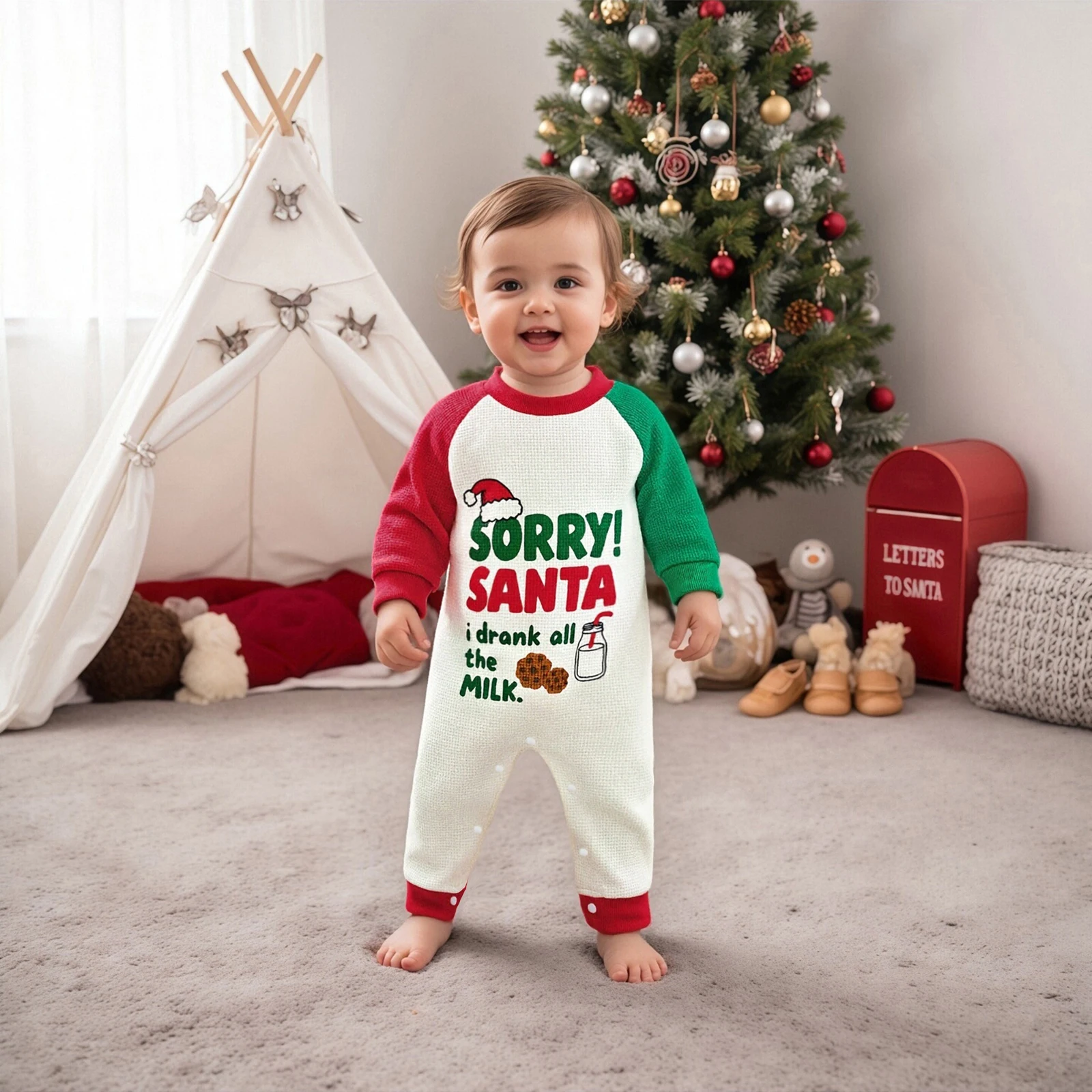 

Рождественский комбинезон для малышей с длинными рукавами и круглым вырезом с буквенным принтом контрастного цвета, комбинезон для новорожденных