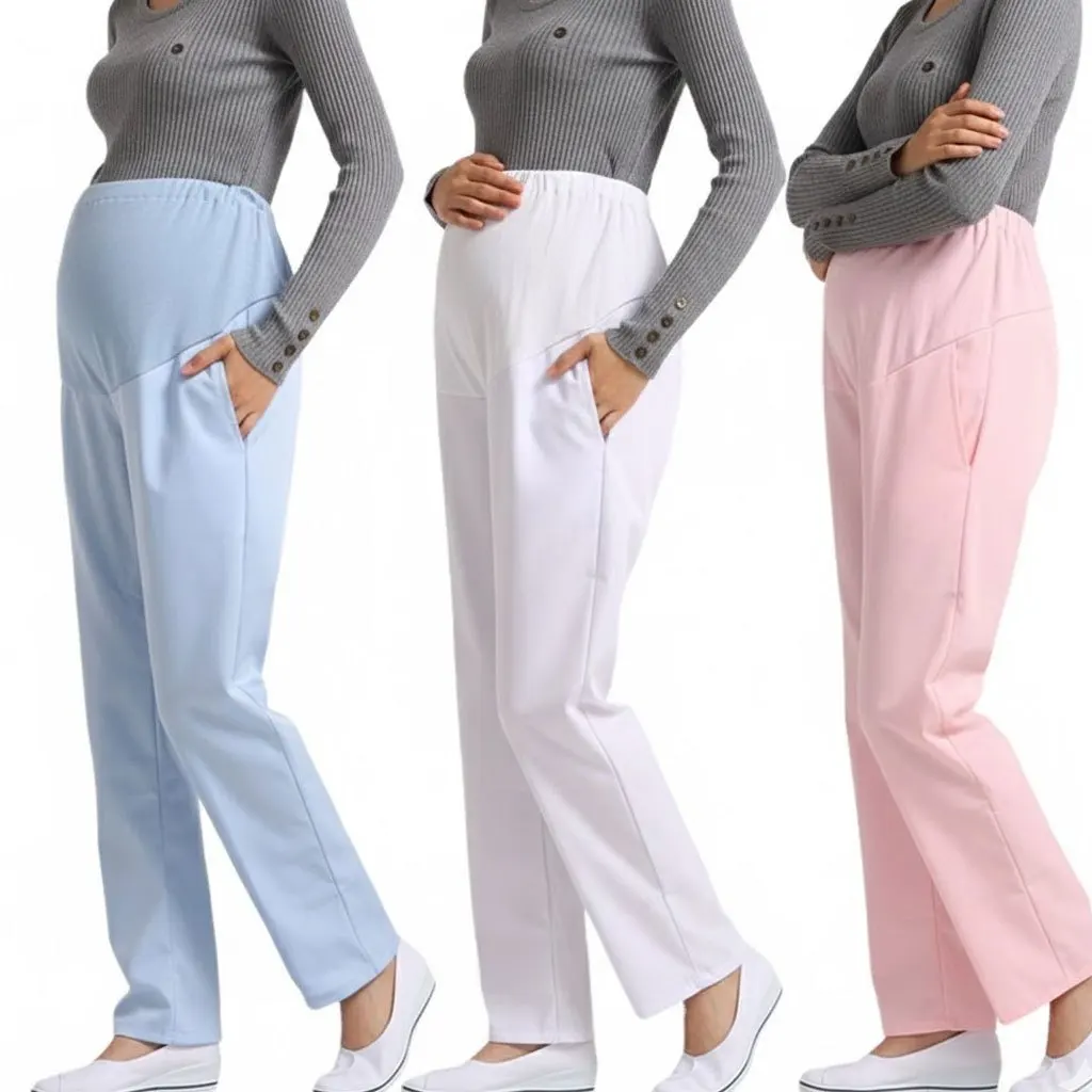 

Support Maternity Scrub Bottoms - Adjustable, Large Size Work Trousers for Pregnant Healthcare Staff (White/Blue)