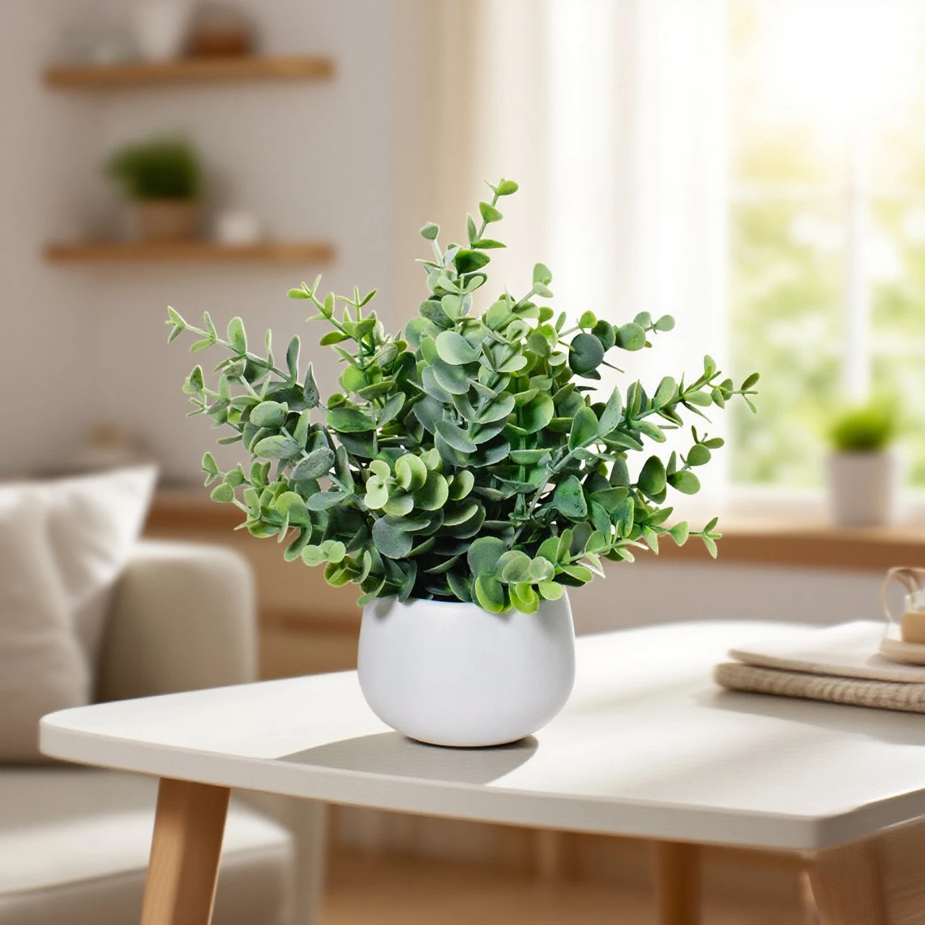 1pc simulated Eucalyptus potted plants, fresh leaves paired with white flower pots, natural and elegant. Suitable for placement