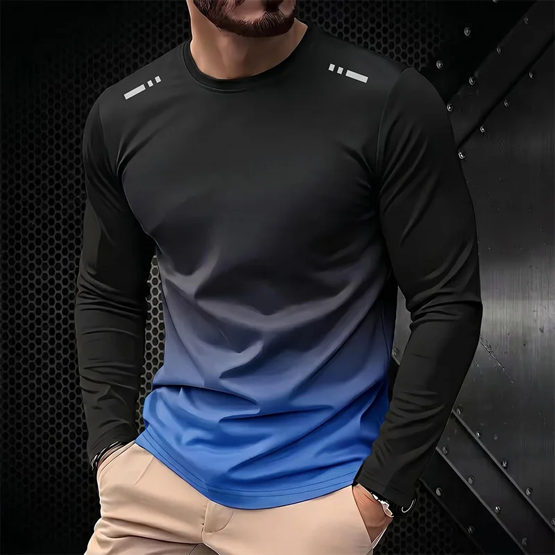 Men's T-Shirts Sports Fitness Sportswear Quick-Drying Gradient Long Sleeve Tops Outdoor Basketball Training Running Men Clothes