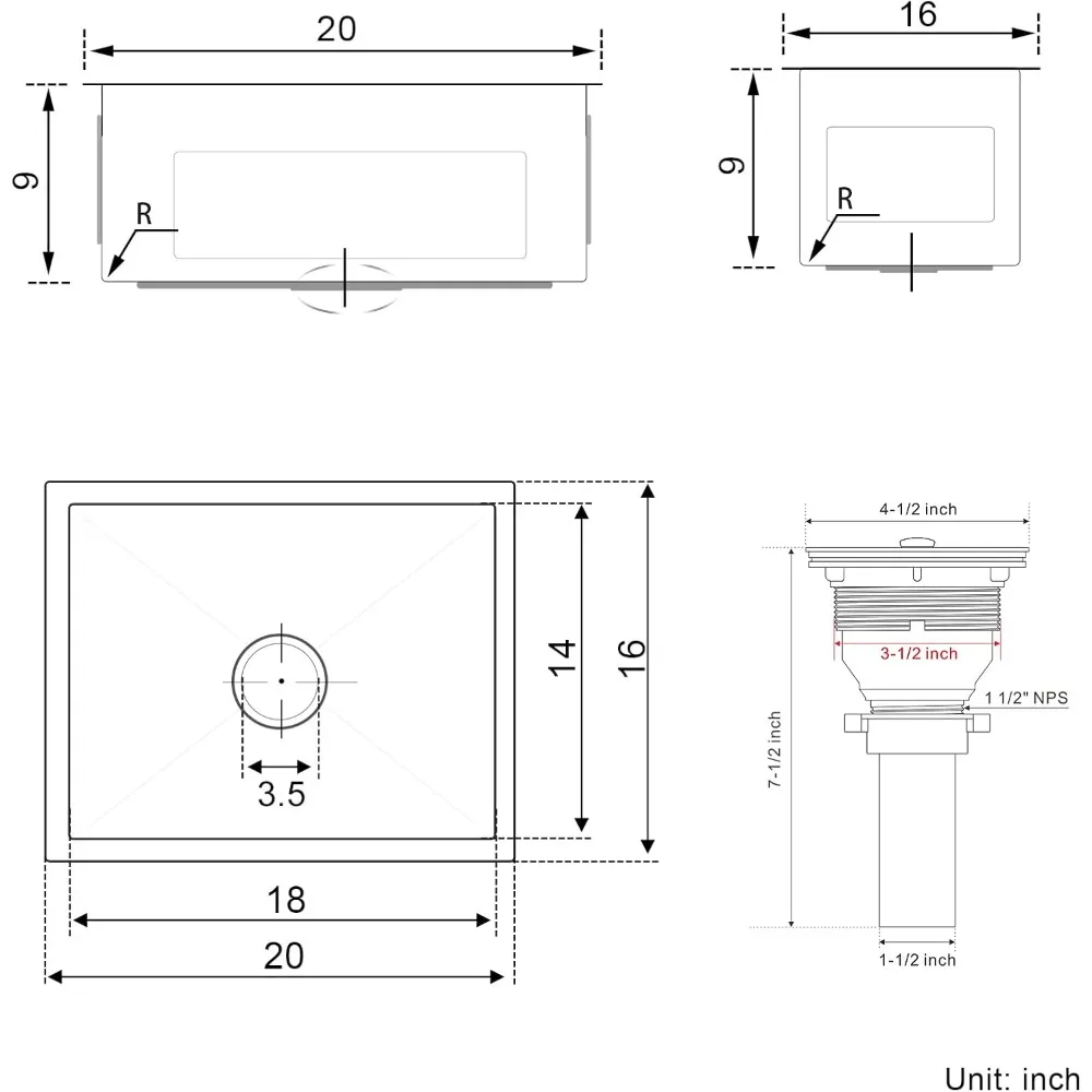 حوض مطبخ بوعاء واحد من الفولاذ المقاوم للصدأ 304 مقاس 20 × 16 بوصة، عميق 9 بوصة، تصميم مدمج سفلي مع نصف قطر ضيق C #6