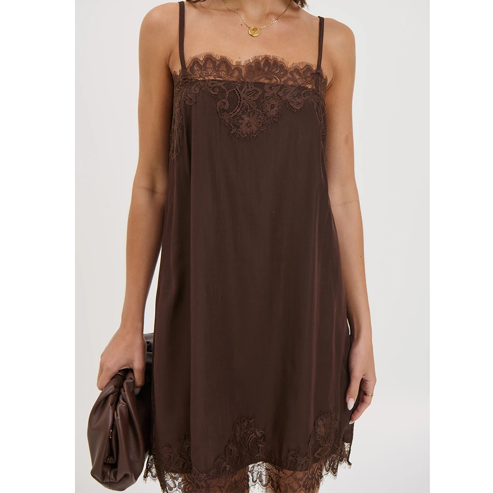 Minivestido Retro bohemio de satén con ribete de encaje para mujer, minivestido Sexy sin mangas con espalda descubierta y tirantes finos para salir de vacaciones, Vestido de playa Sexy