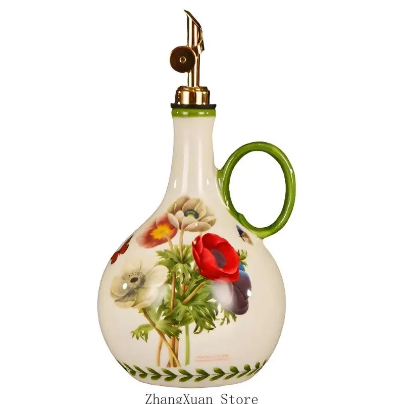 Ceramic Condiment Bottle with Printed Finish, Side Grip and Pour Top for Cooking Oil, Home Table Service, and Counter Use 3XUF