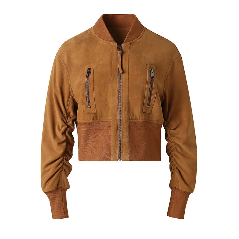 Casual Genuine Leather Jacket Suede Bomber Coat Vintage Brown Suede Jacket for Women Leather Female Coat Streetwear