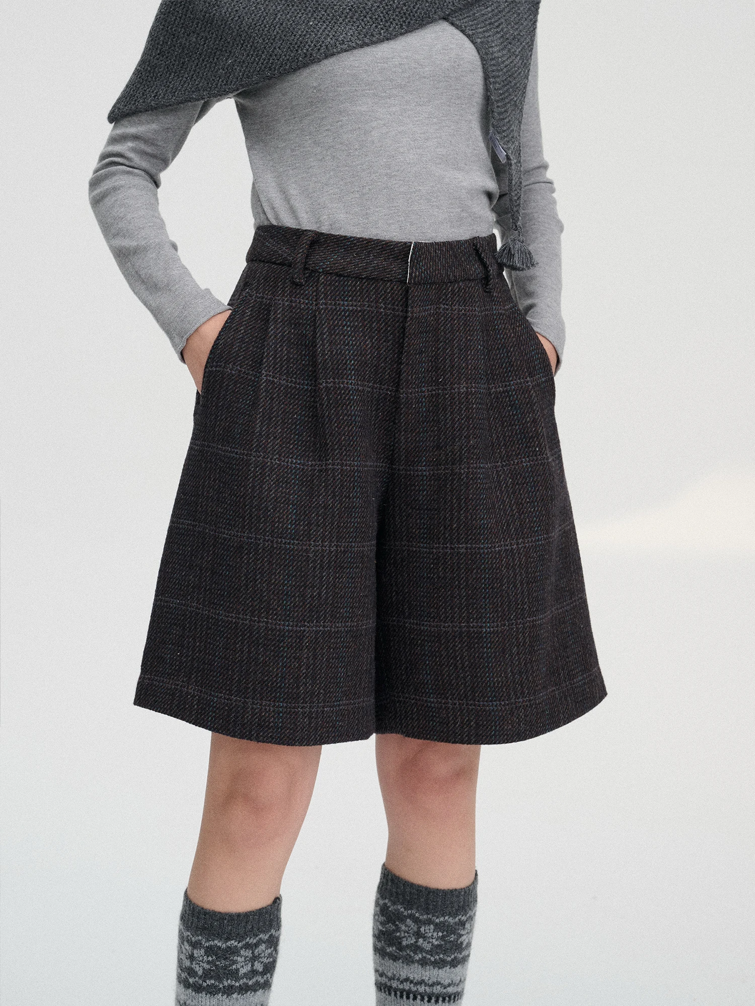 

Брюки Enroute Winter Escape из шерстяной смеси с вязаным клетчатым узором, А-силуэт, длина до середины икры, с высокой талией, на молнии, повседневные