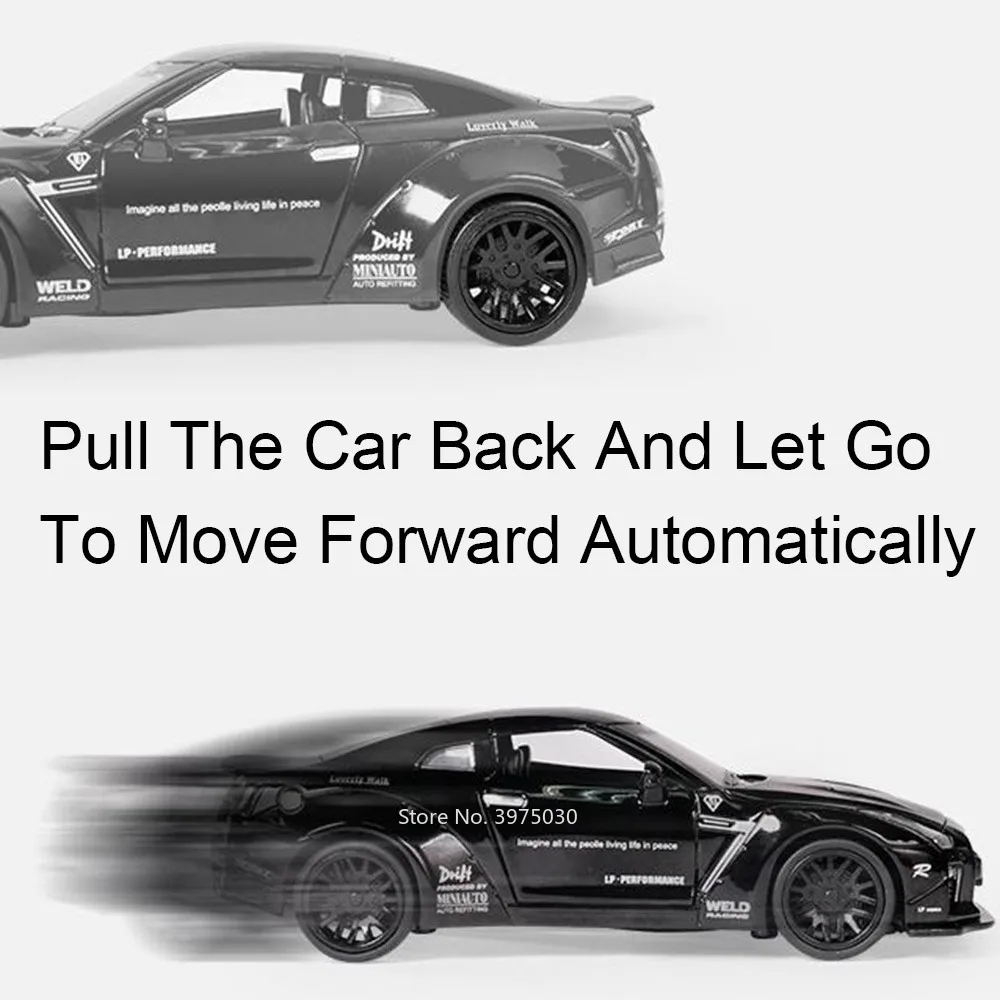 1/32 Schaal Legering Diecast Nissan GTR Sport Auto Model Speelgoed Deuren Opend Pull Back Geluid Muziek Miniatuur Voertuig Kid Geschenken Collectie