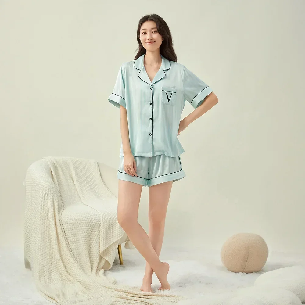 Secret of the same summer new product, colorful ice silk striped pajamas for women, short-sleeved shorts, loungewear