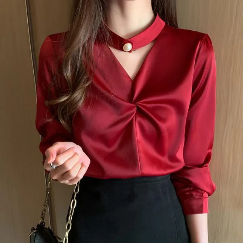 Red Blouse Women Long Sleeve Satin Shirt Korean Style Fashion Simple Loose Office Tops 2023