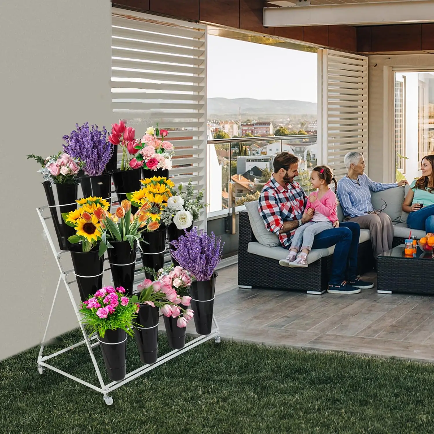 Flower Display Stand with Buckets, 3 layers Metal Plant Stand with Wheels, Moving Florist Bouquet Shelf