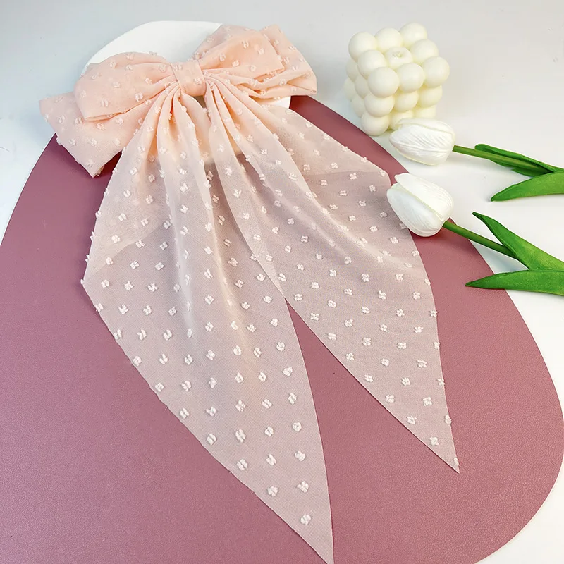 Korean Purple Chiffon Long Polka Dot Fabric Big Bow Hairpin Super Fairy Temperament Back of The Head Spring Clip