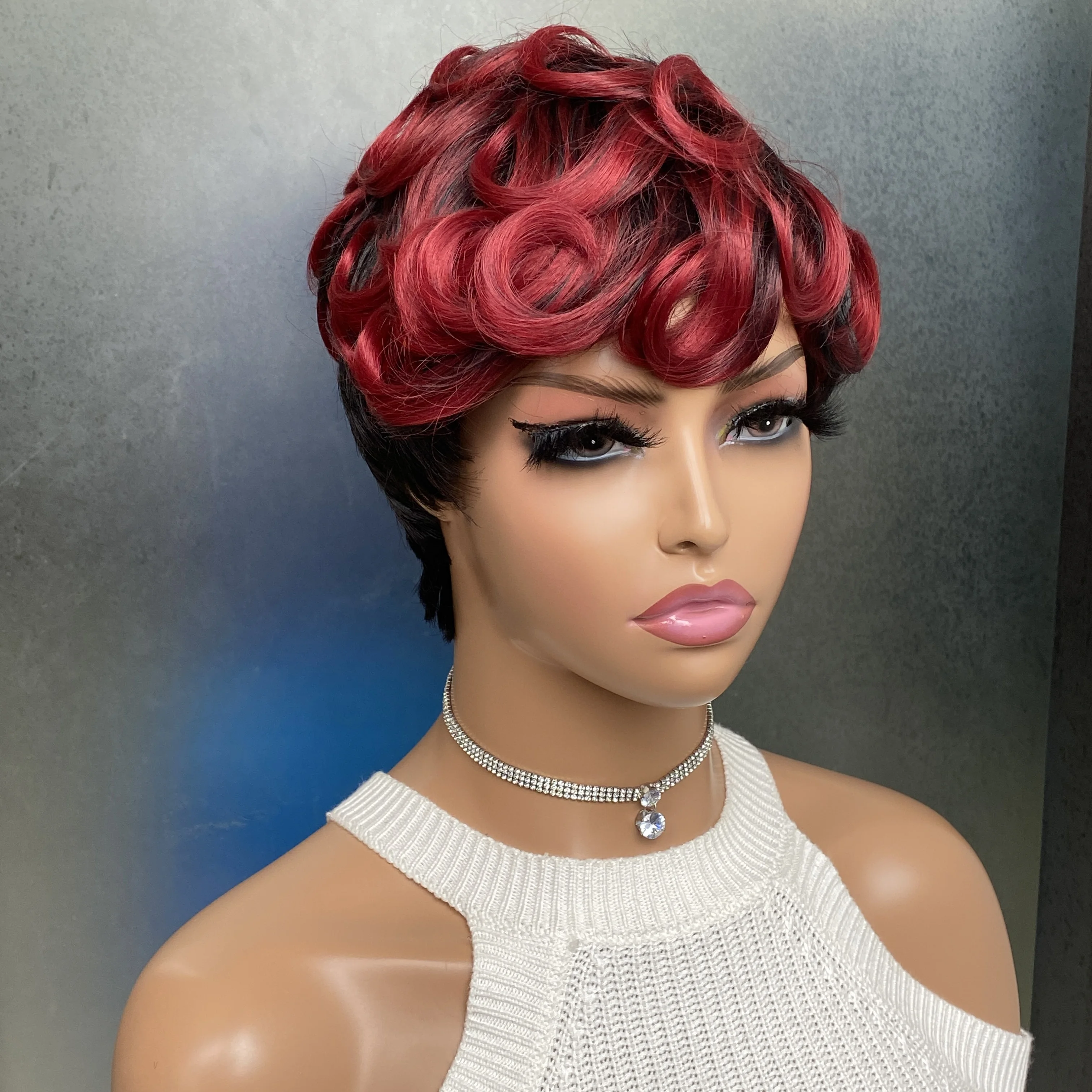 شعر مستعار اصطناعي قصير أومبير مع دقات للنساء السمراوات ، تسريحات شعر مجعدة أفرو ، شعر مستعار بقصة بيكسي ، شعر بورجوندي #2