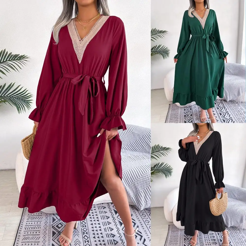 

Autumn Winter Long Skirt V-ne Lace Waist-cinching Hemmed Cross-border Women's Clothing Ele Aosphere Photoaphy