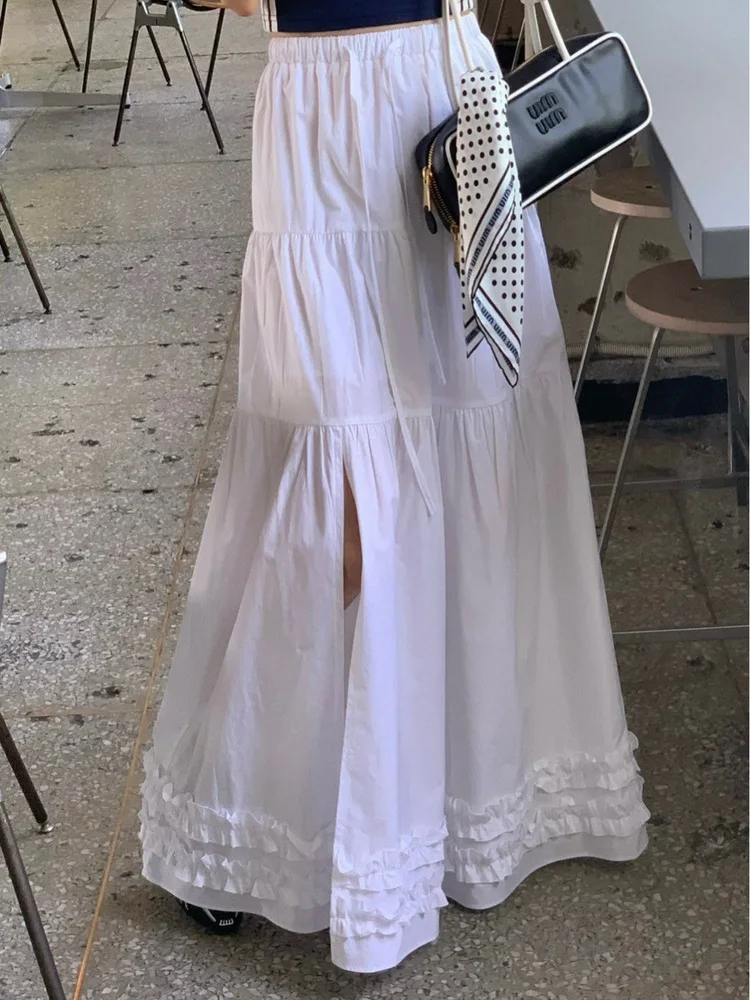 

Chic Pleated Wood ain ter Ne Long Dr Women's Faion Simple A-Line Skirt before Slit Cotton Summer Outfit