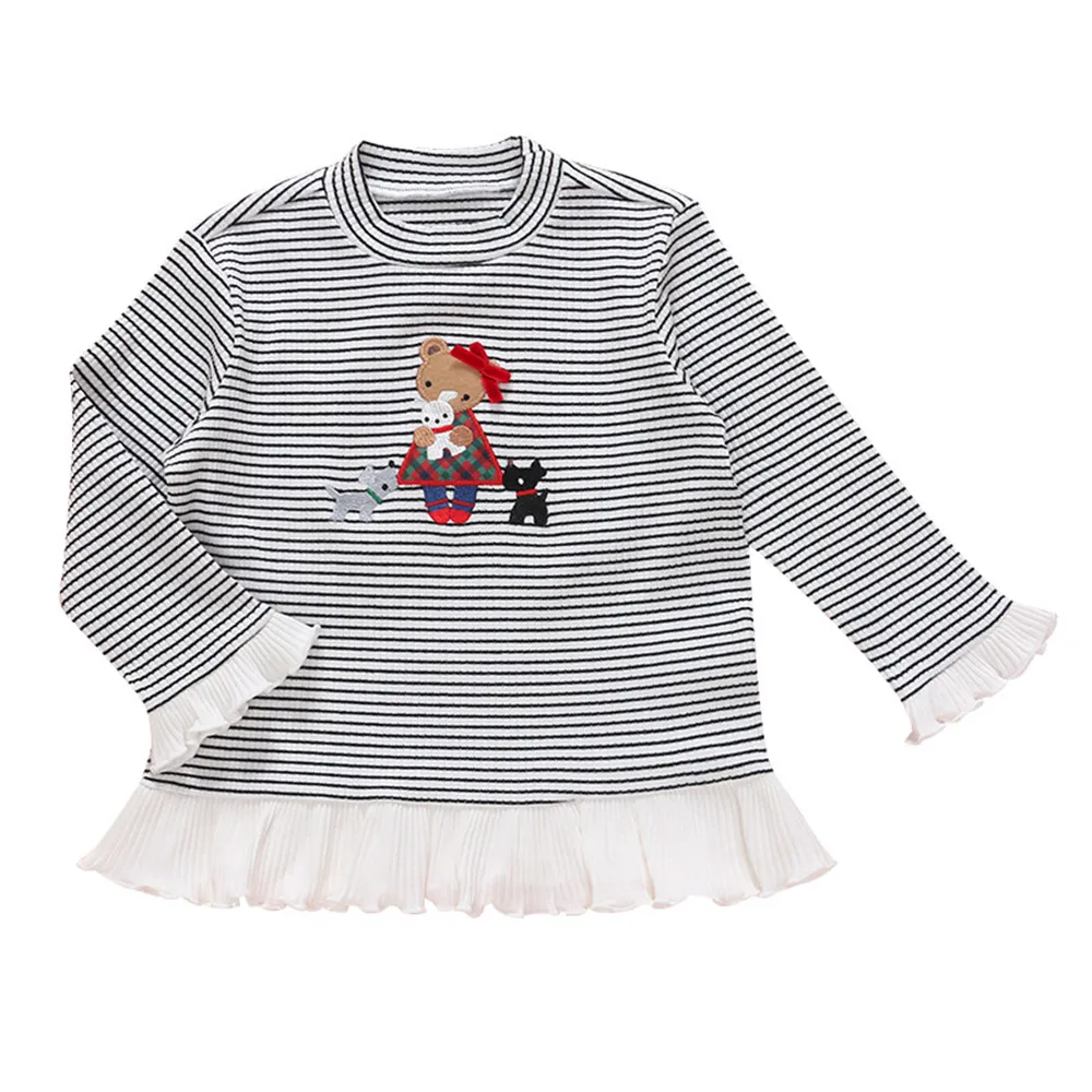 Autumn New Arrivals baby girl clothes Girls' striped patchwork base tops Cartoon pattern knitted pullover