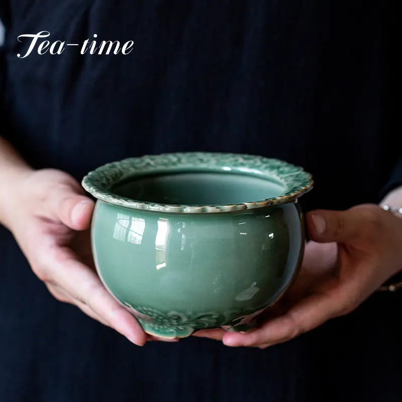 600ml Yue Kiln Celadon Ceramics Jianshui Handmade Relief Tea Cup Pen Washing Bowl Tea Slag Bucket Kung Fu Tea Set Accessories