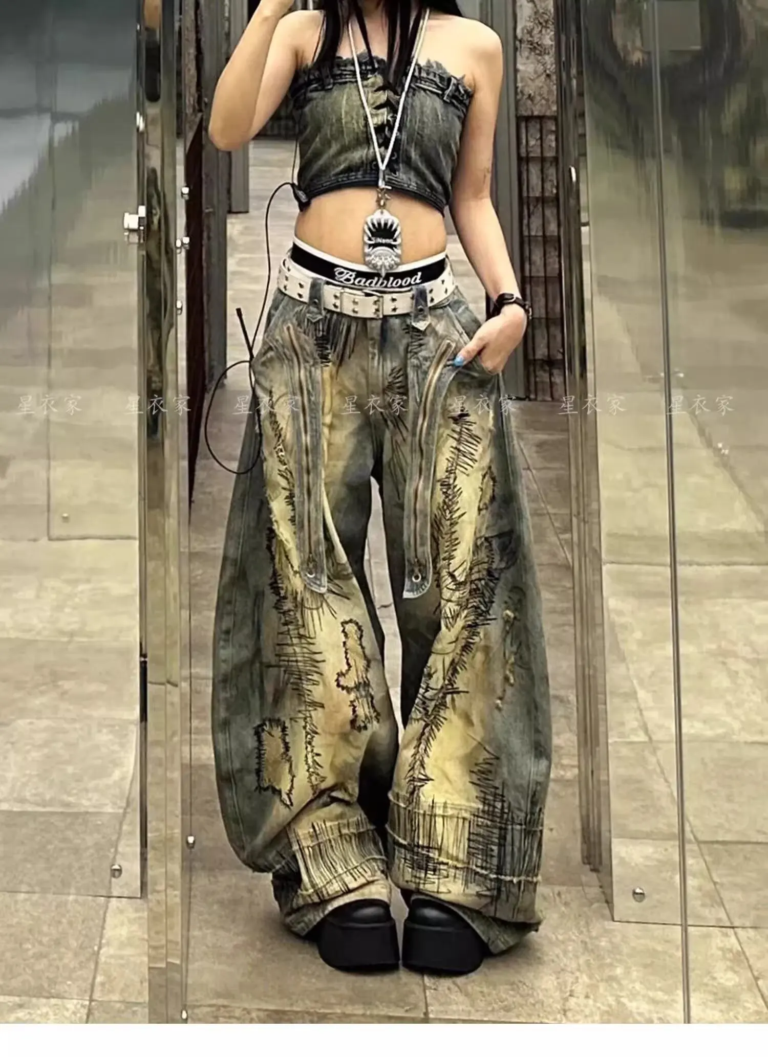 American Retro Washed Denim Jeans washing old hand-painted graffiti printed jeans Fashion Loose Casual Wide Leg Jeans