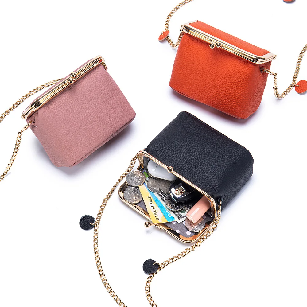 

Women Genuine Leather Kiss Lock Chain Crossbody Bag Spacious Multi Purpose Everyday Casual Single Shoulder Bag Small Purse