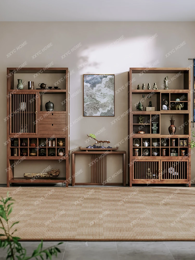 New Chinese Style Solid Wood Living Room Bookshelf Tea Set Multi-layer Storage Rack