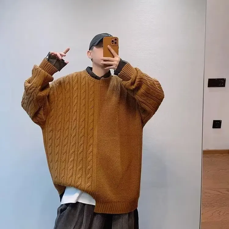 

Мужской вязаный свитер свободного кроя в американском стиле, осенне-зимний, больших размеров, с круглым вырезом, с асимметричными вставками, модный, в стиле кэжуал