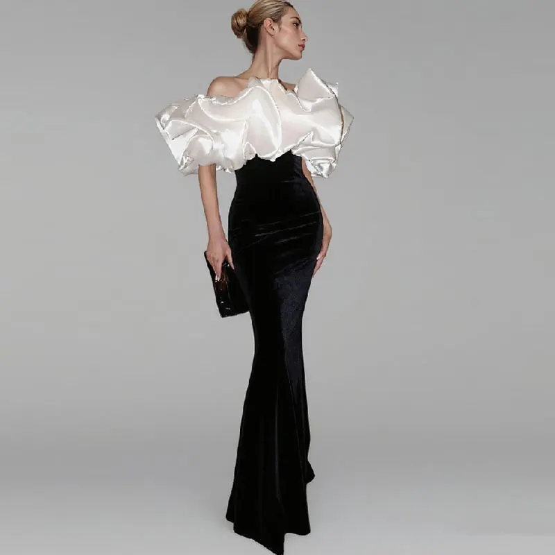 

ESBRIDE Black Velvet Mermaid Off The Shoulder Women Dresses Summer Luxurious Evening Dress for Formal Occasion Slim Elegant Gown