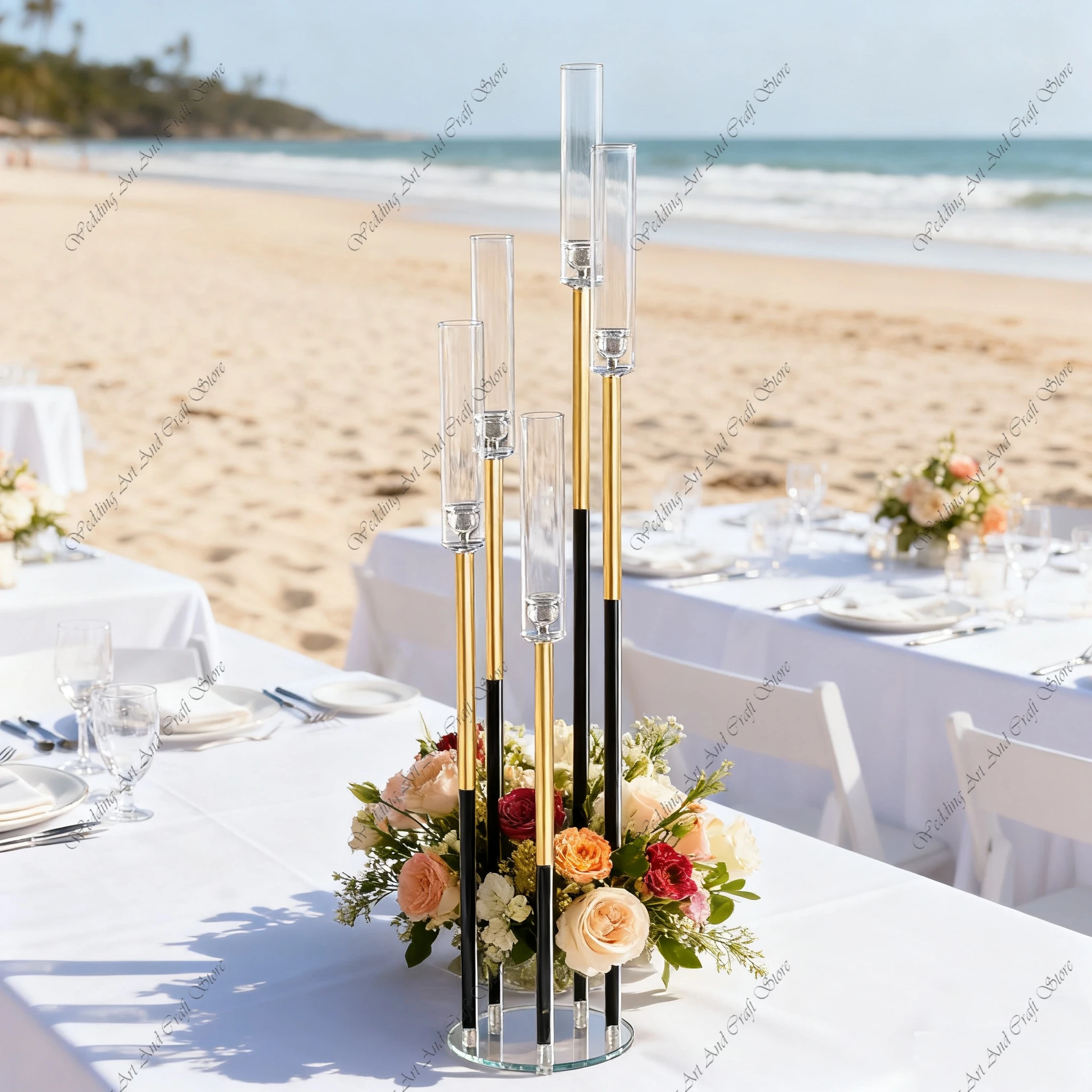 

10 шт. подсвечники с 5 головками F30, акриловые, золотисто-черные, полые, для декора свадебного стола, для дней рождения, H84