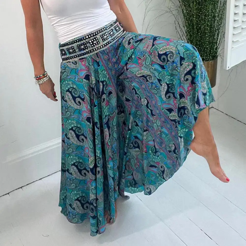 Pantalones informales de pierna ancha para mujer, pantalón largo elástico de cintura alta, pantalón holgado con estampado Retro, ropa de calle para playa