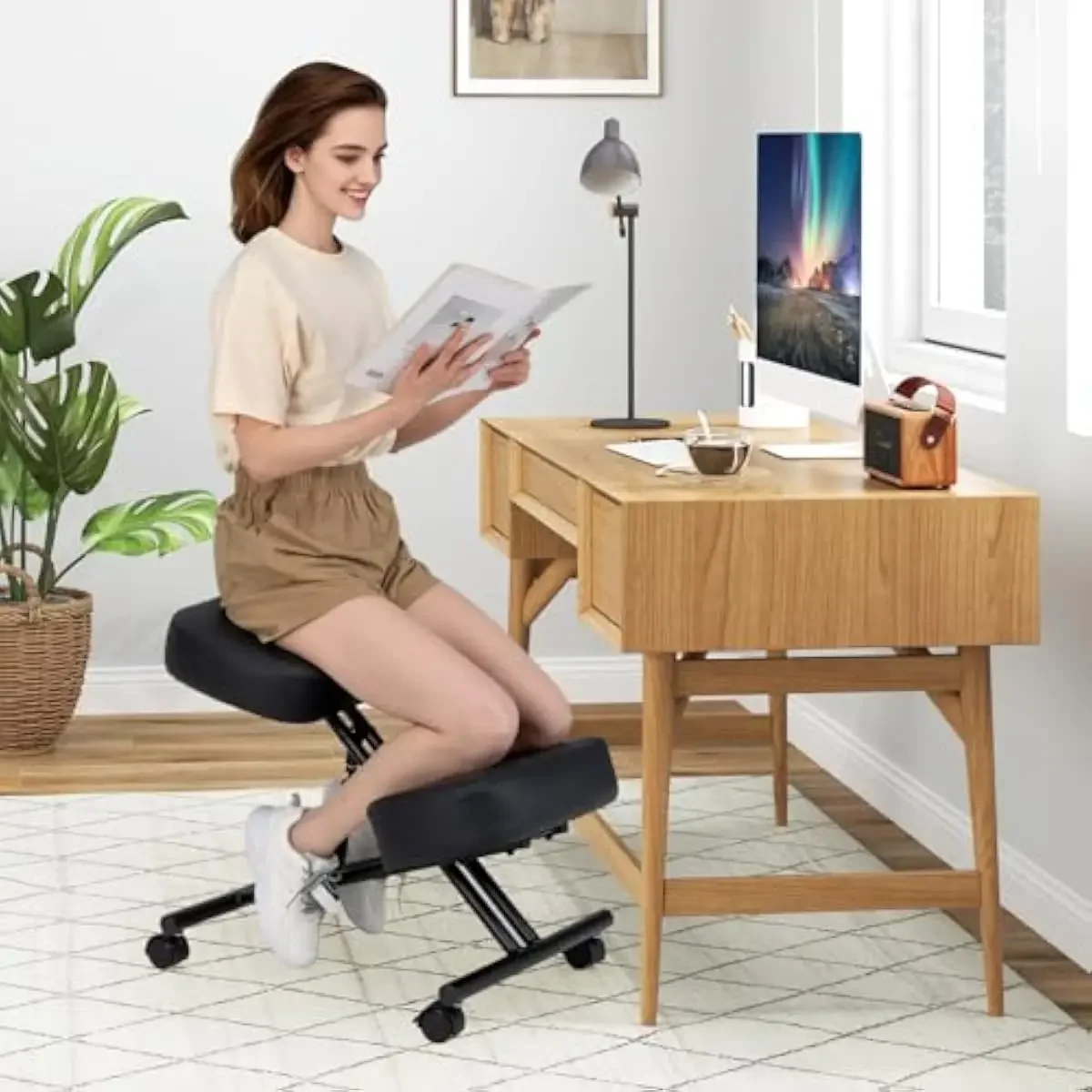 Ergonomic kneeling stool with height and tilt adjustment for posture support, 4-inch dense foam padding, waterproof PVC leather