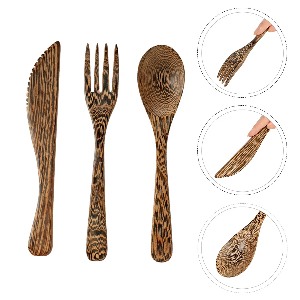 

3Pcs Wood Cutlery Set Unpainted Healthy Tableware Spoon Fork Knife Kit Kitchen Supplies Eco Friendly Bar Utensils