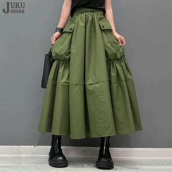 Solid Green Black Elastic Waist A-Line Loose Fit Woman Long