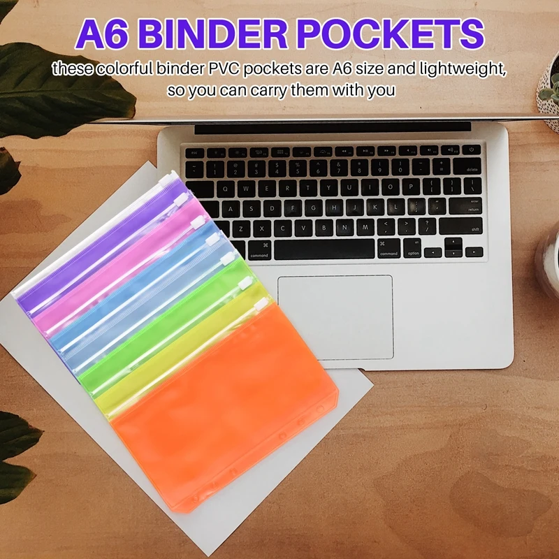 14 Pieces Binder Pockets A6 Size 6 Holes Binder Zipper Folders Waterproof PVC Loose Leaf Bags For 6-Ring Binder Notebook