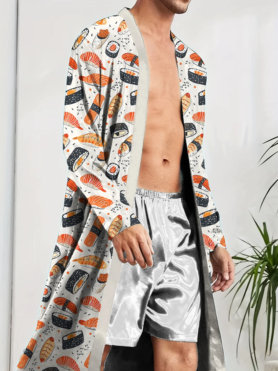 Men's Long Robe with Fun Digital Printing, Trendy Men's Bathrobe Home for Spring and Autumn, Casual Quick Drying.