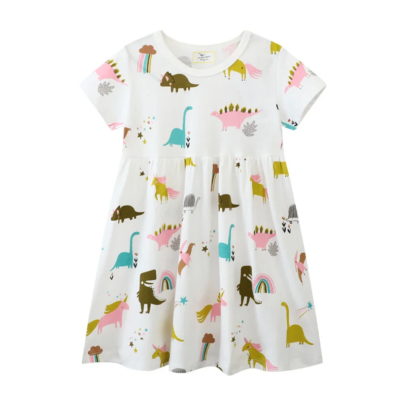 Jumping Meters Dinosaurs Summer Princess Girls Dresses  Short Sleeve Cute Party Birthday Frocks Children\'s Costume Animals Dress