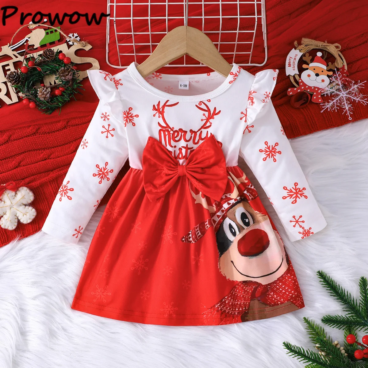 ملابس رخيصة فساتين عيد الميلاد للأطفال للفتيات فستان غزال منقوش بفيونكة كبيرة زي السنة الجديدة ملابس أطفال عيد الميلاد الأولى