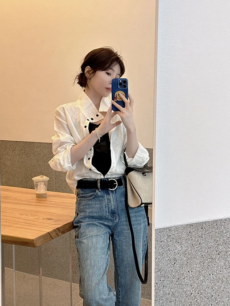 

Ele Bamboo Rayon irt Collar Long Sve ort Length Straight Cut Women's Faion Autumn Top Quali Linen Material