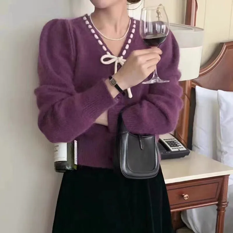 Strickjacke mit süßer Schleife, Schnürung, lässig, Retro-Mode, Pullover, einfarbig, schlank, langärmelig, 2025, neuer Herbst-/Winterpullover 6738