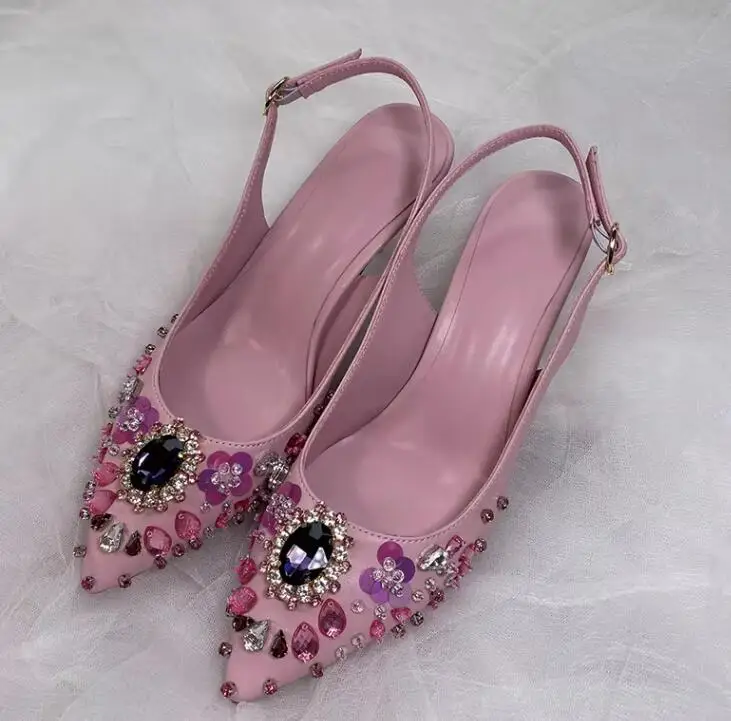 

Sweet Purple Pink Leather Gem Rhinestone Sandals Pointed Toe Back Strap Kitten Heel Woman Wedding Pumps