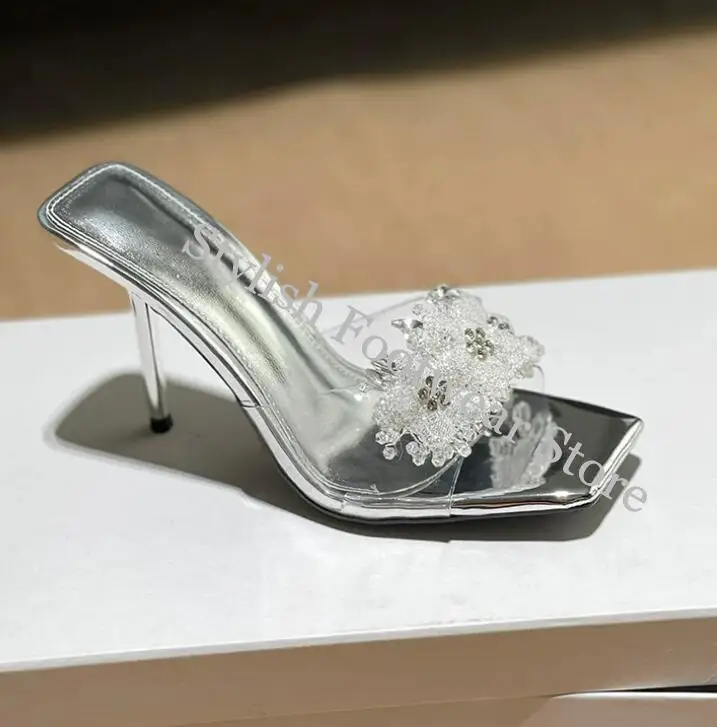 Bling Beadings Flowers Clear Pvc Slipper Stiletto High Heels Silver Shiny Leather Slip On Slide Shoes Woman Footwear