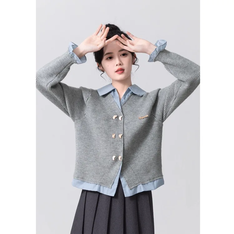 Women Knit Jumpers Patchwork Turn Down Collar Sweater Single Breasted Full Sleeve Sweaters Casual Spliced Cardigan Autumn 2026