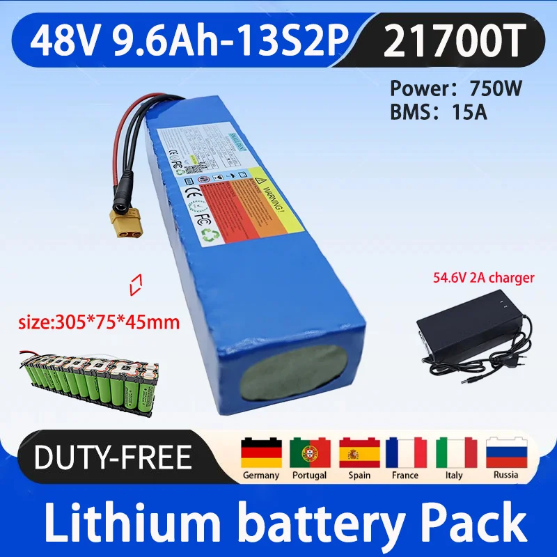 48V 9.6Ah new 21700 lithium battery pack, 13S2P high power, suitable for various transportation modes, brand new original+2A cha