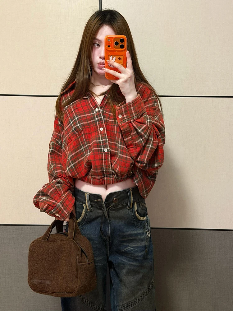 

American Retro Red Plaid Elastic Hem irt Women's Spring New High Sensation Lazy irt Coat Loose Fit Long Sve Collar