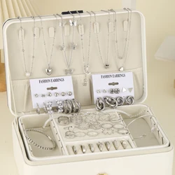 53 Pcs Boho Vintage Jewelry Sets For Women Elegant Silver Color Pearl Zircon Geometric Earring Ring Necklace Bracelet Daily Wear